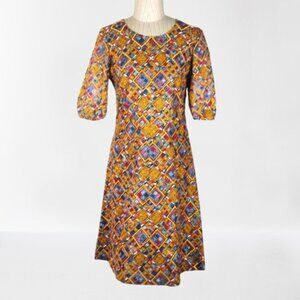 Vintage 1960s Dress, Custom Made, Embroidered Design, Lined, Gold Blue A-Line